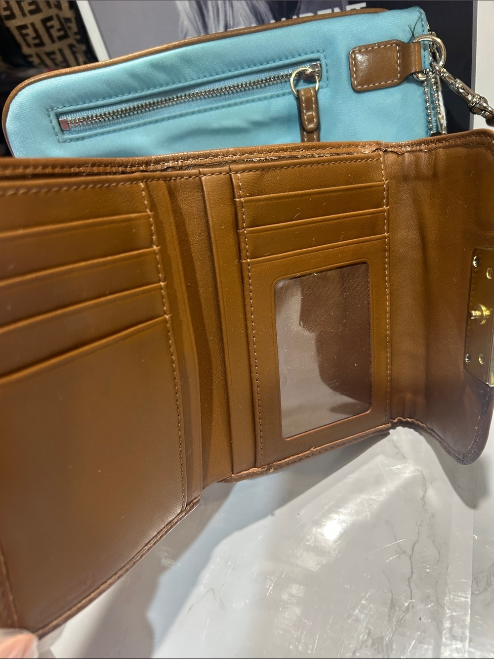 Coach Light Blue and Brown Leather-Trim Crossbody with Matching Wallet - Picture 11 of 13